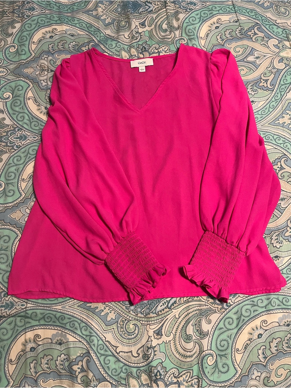 CeCe Fuchsia V-Neck Long Sleeve Blouse with Smocked Cuffs
